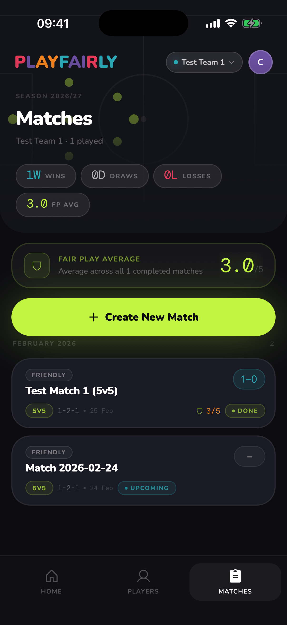 Matches — season record, fair play average, and match history