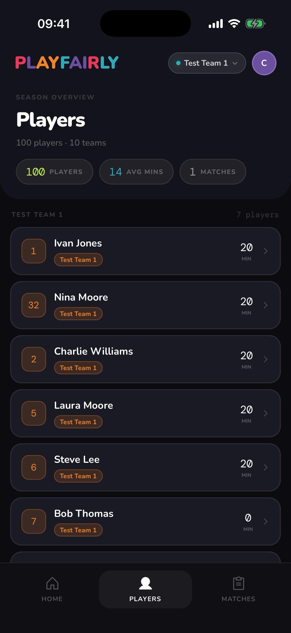 Players — squad overview with minutes played and team assignments