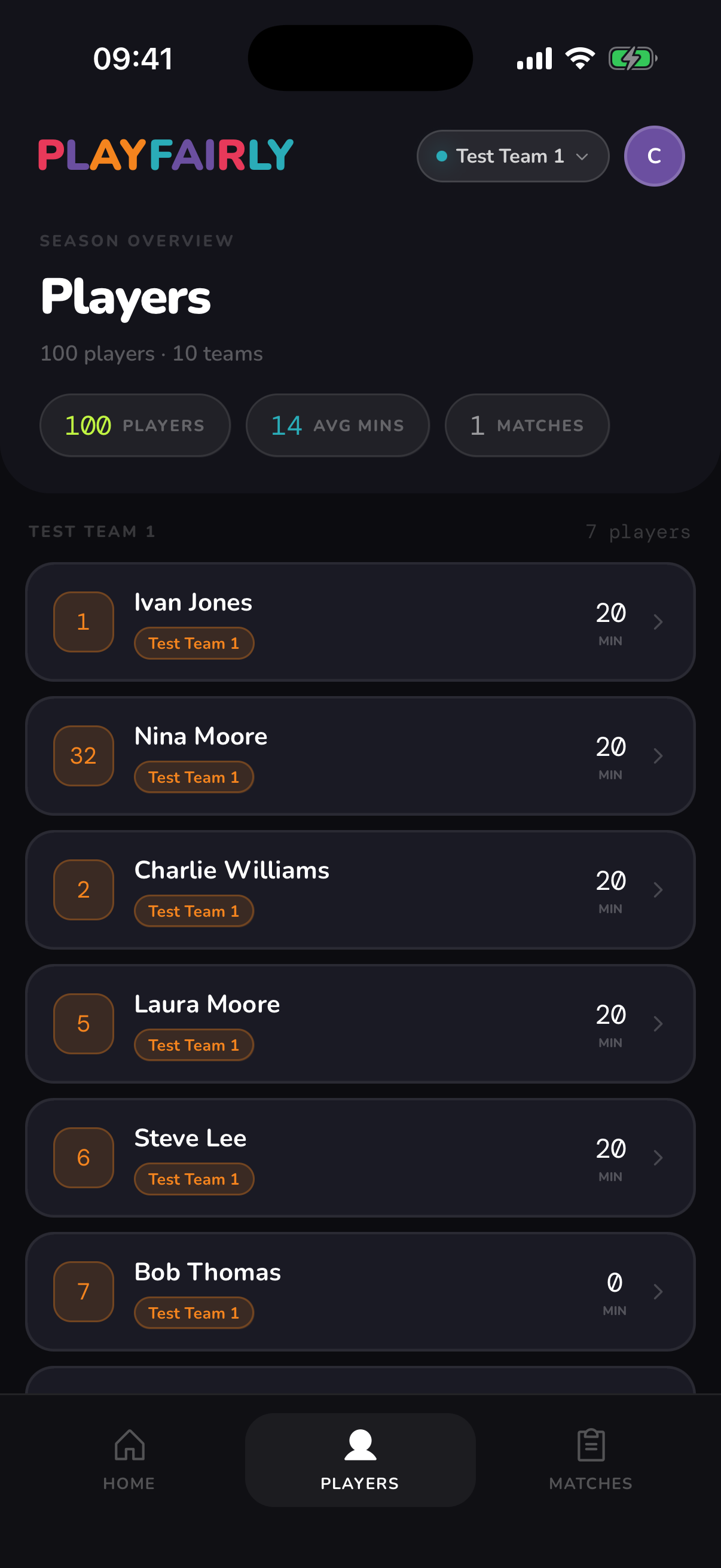 Players — squad overview with minutes played and team assignments